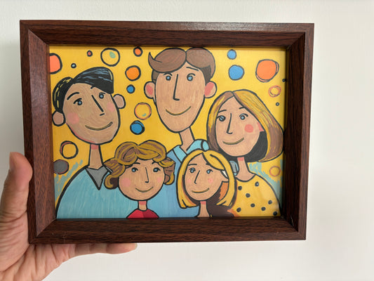 Playful Family Acrylic Painting | Cartoon Style Art | appro.9×7 inches with Framed