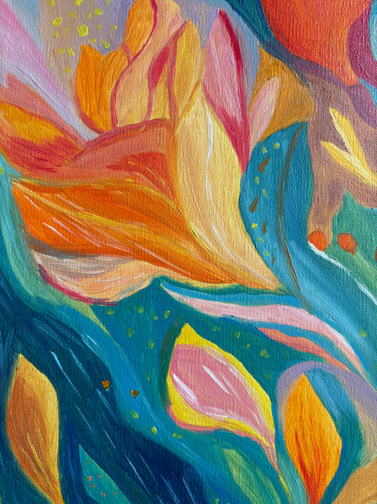 One Of A Kind Floral Abstract Oil Hand Painting | Warm Yellow & Teal Textured Artwork