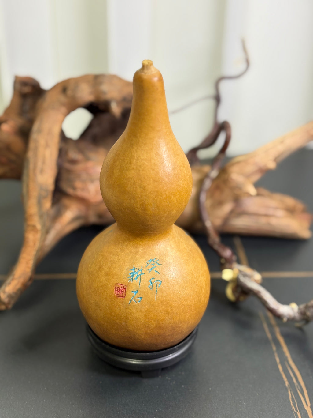 One of a Kind Gourd by 80 Year Old Calligraphy Master 7.48"