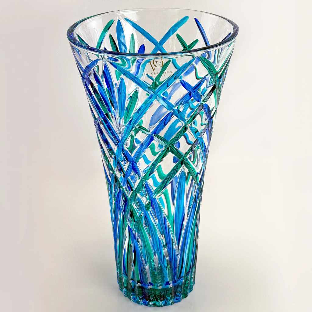 Large Crystal Vase, Melodia, Blue & Green, Made in Italy