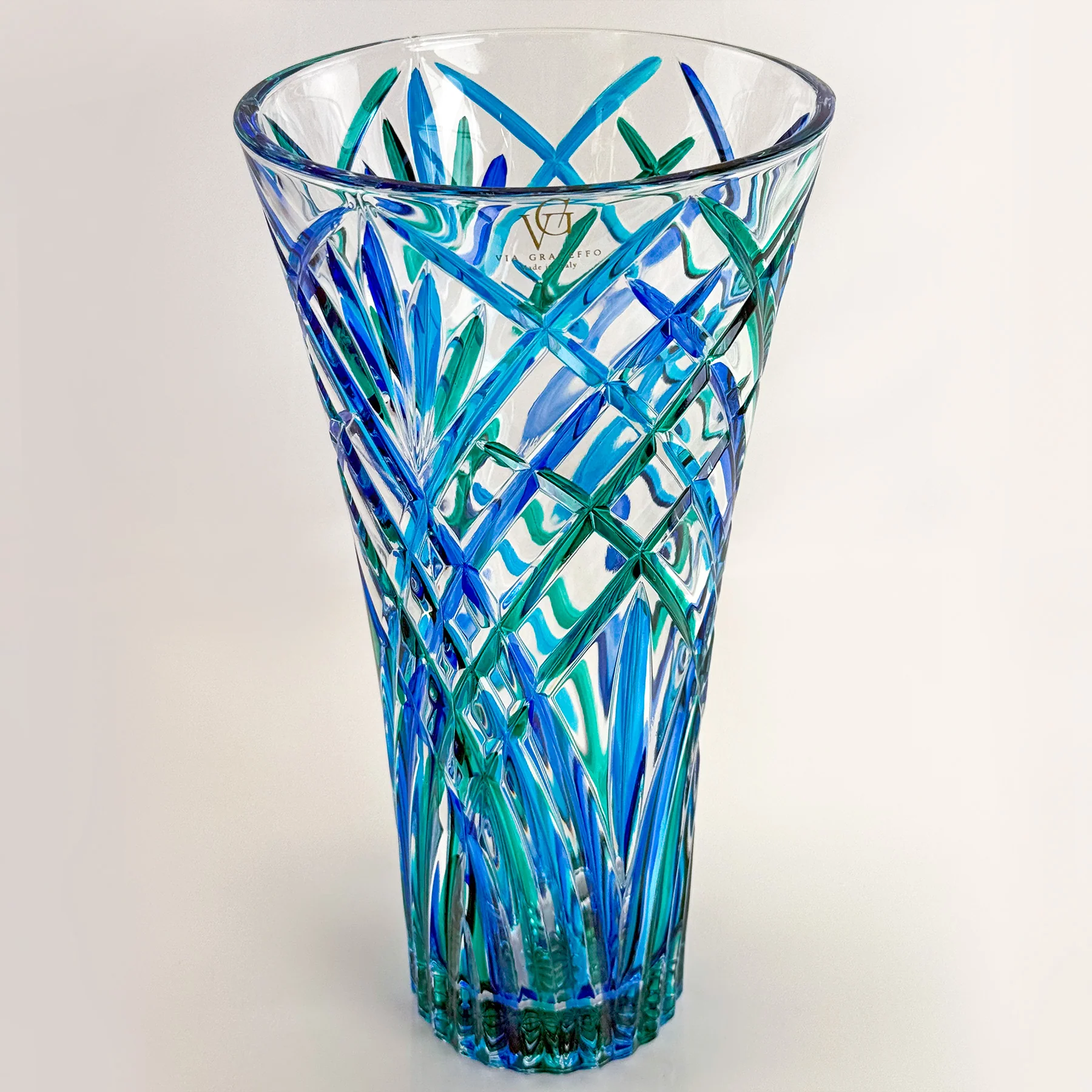 Large Crystal Vase, Melodia, Blue & Green, Made in Italy
