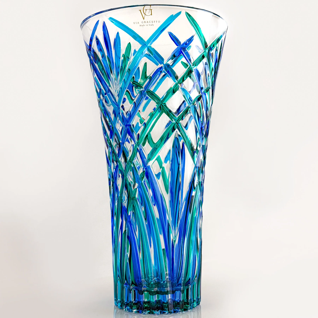 Large Crystal Vase, Melodia, Blue & Green, Made in Italy