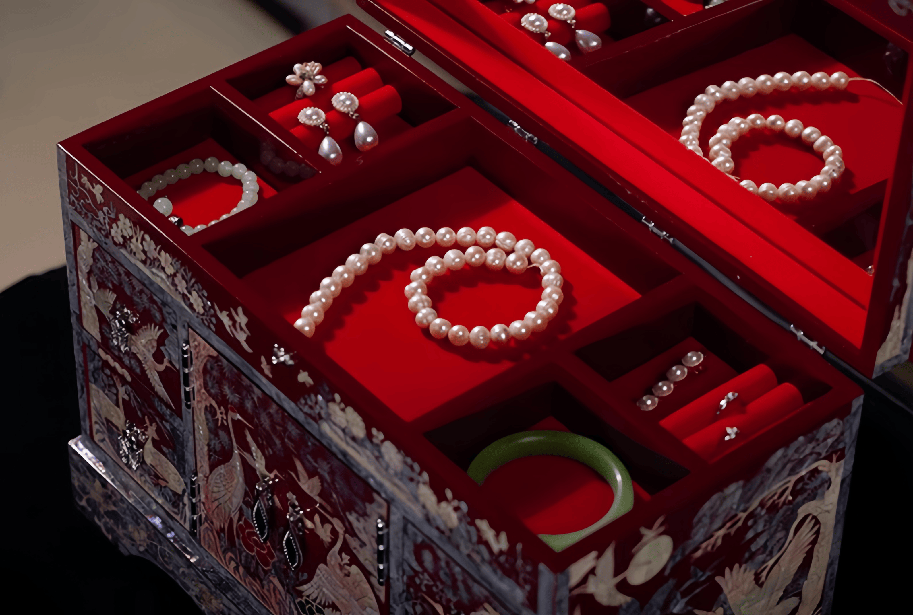 Handcarved Vintage Mother of Pearl Lacquer Jewelry Box