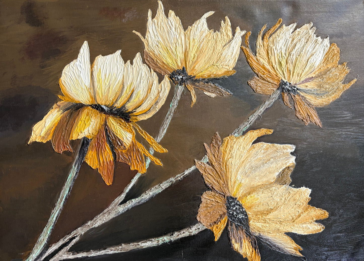 One Of A Kind 3D Floral Impasto Oil Painting | Textured Golden Flower Art Series 1