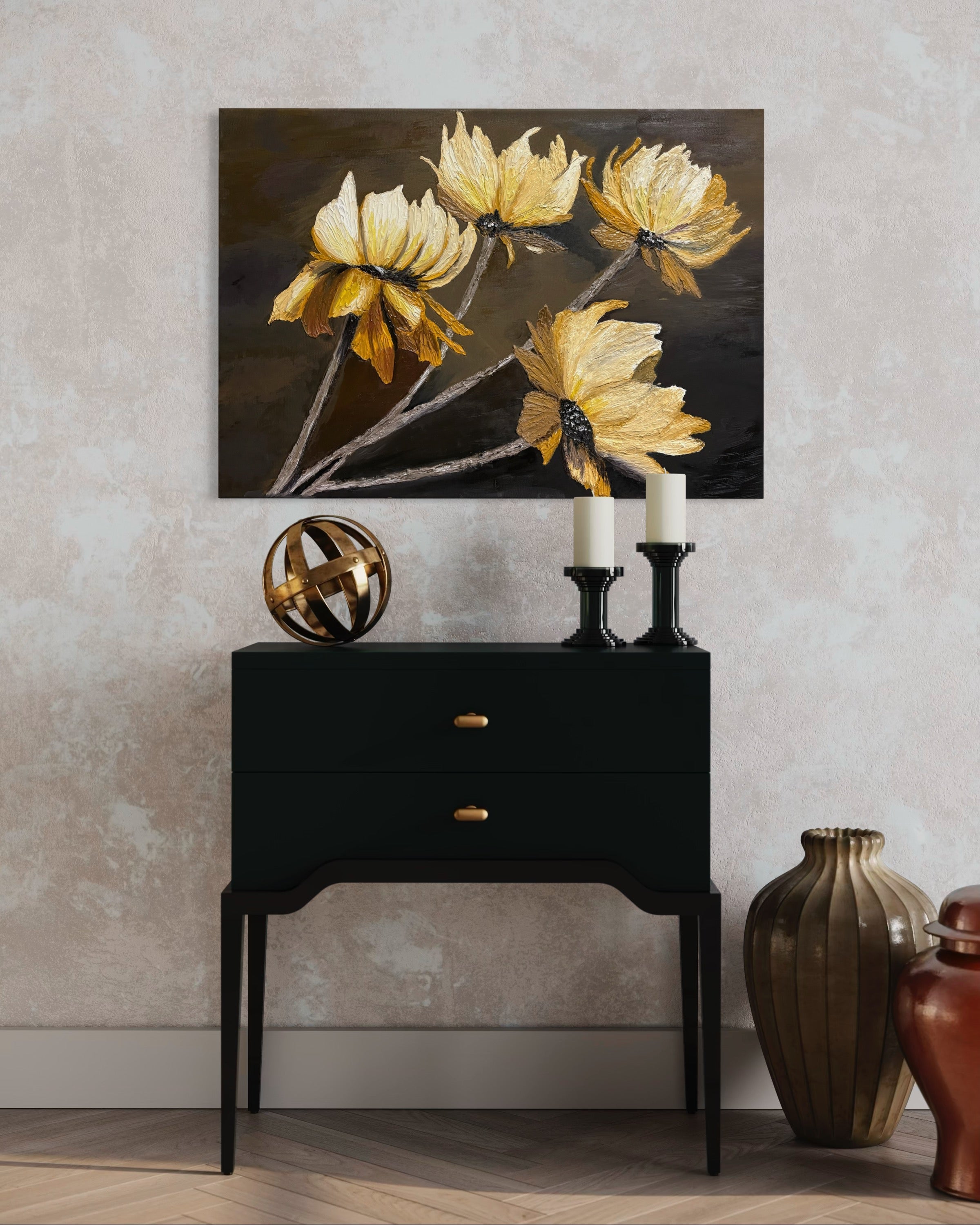 One Of A Kind 3D Floral Impasto Oil Painting | Textured Golden Flower Art Series 1
