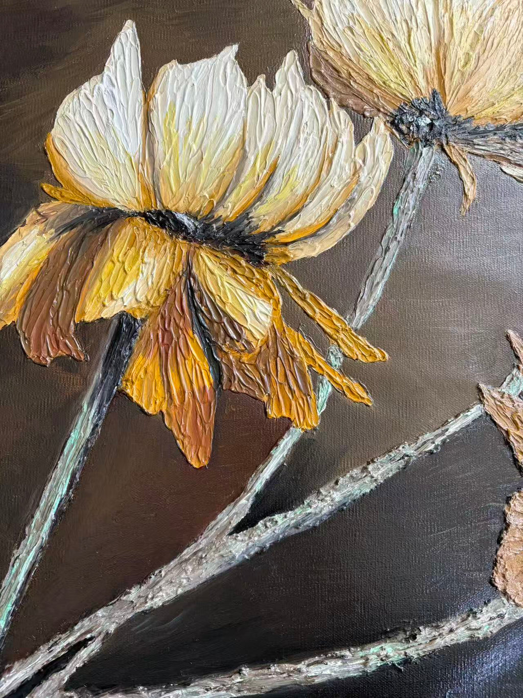 One Of A Kind 3D Floral Impasto Oil Painting | Textured Golden Flower Art Series 1