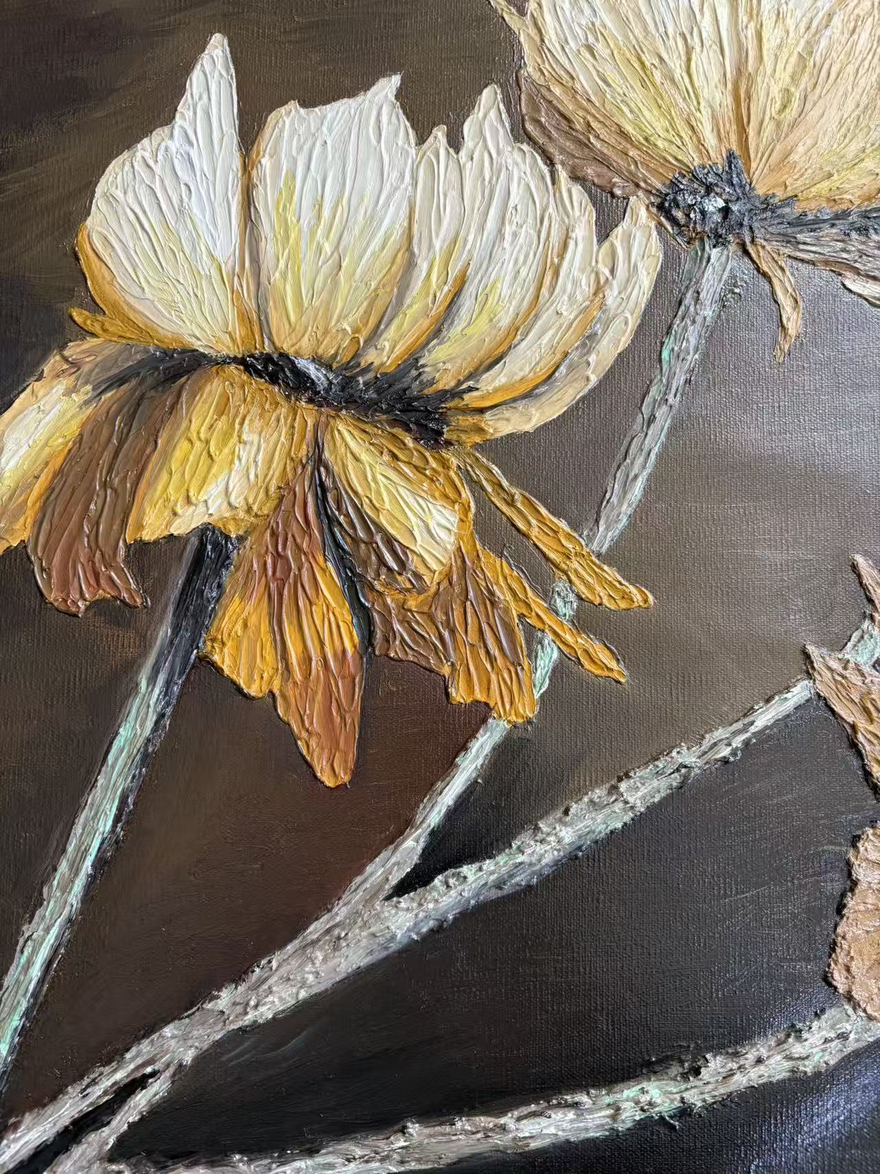 One Of A Kind 3D Floral Impasto Oil Painting | Textured Golden Flower Art Series 1