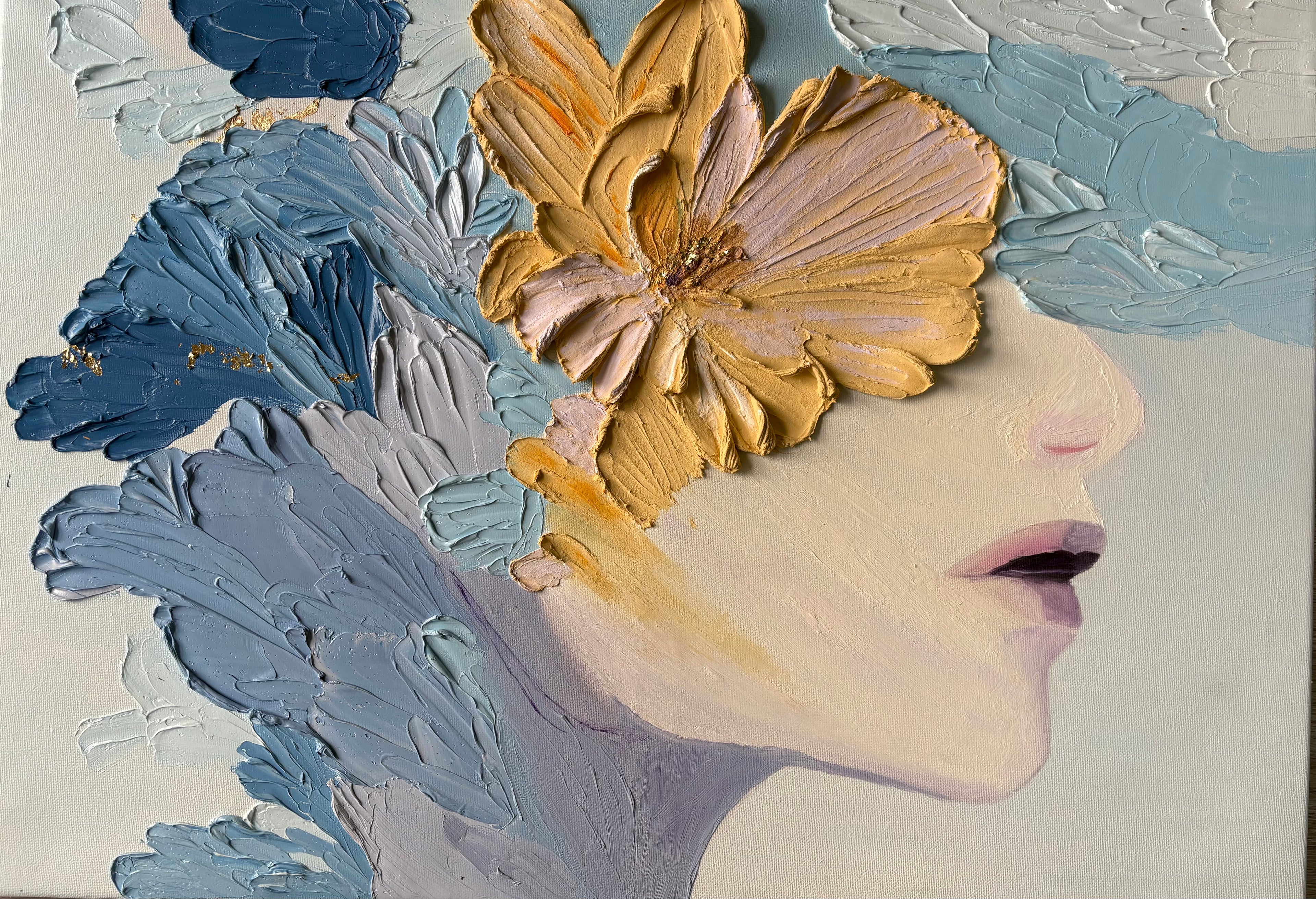 One Of A Kind Original Oil painted | 3D Floral Portrait Impasto Painting 19.7 × 27.5 in