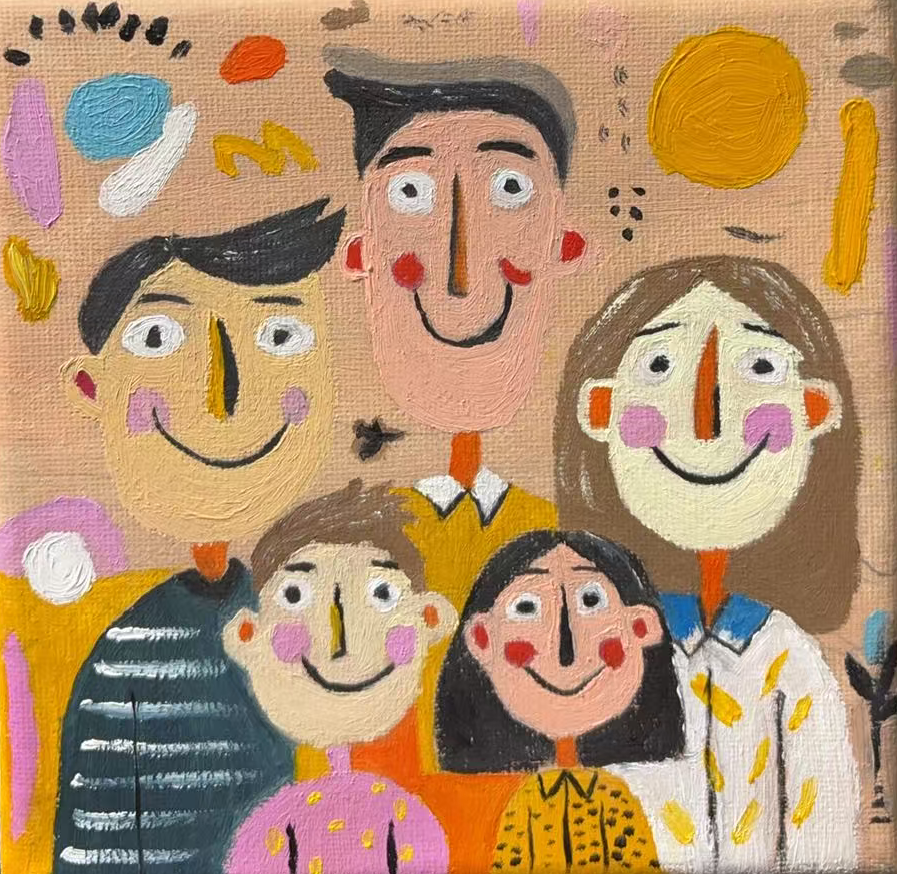 Playful Family Harmony Series | Original Oil Painting | Minimalist Art | 6 × 6 inches