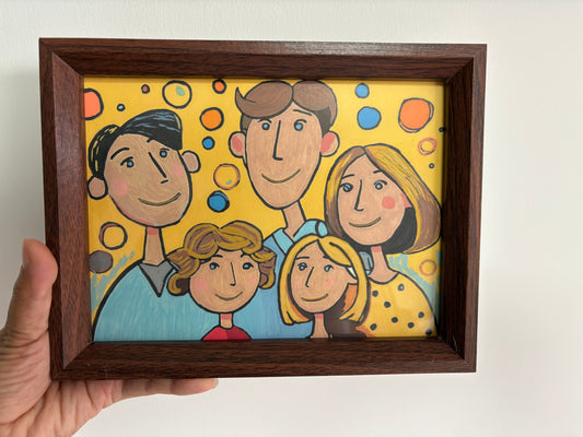 Playful Family Acrylic Painting | Cartoon Style Art | appro.9×7 inches with Framed