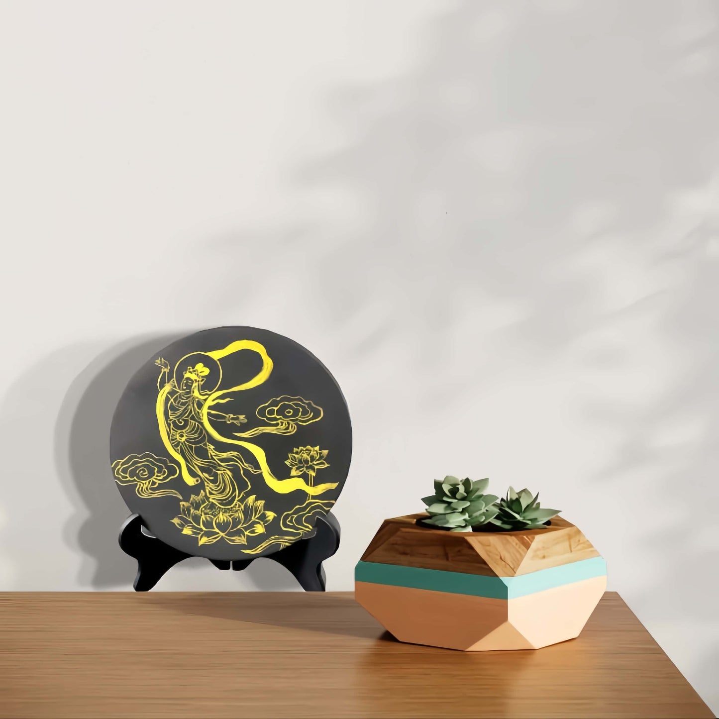 Handpainted Gold Line Apsara Art | Black Wood Buddhist Decor