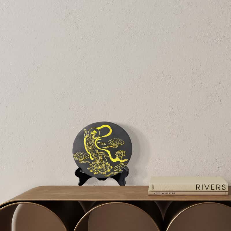 Handpainted Gold Line Apsara Art | Black Wood Buddhist Decor