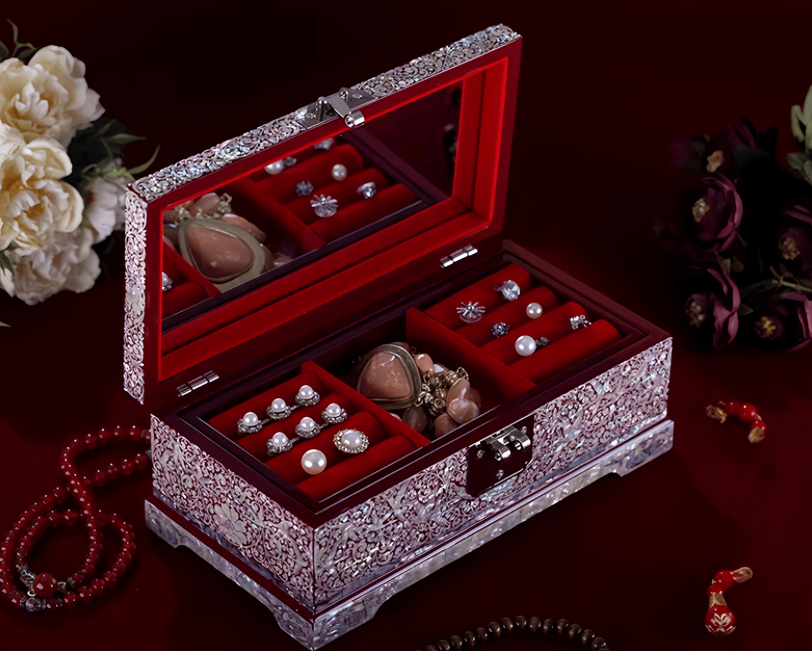 Handcrafted Solid Wood Vintage Mother of Pearl Jewelry Box