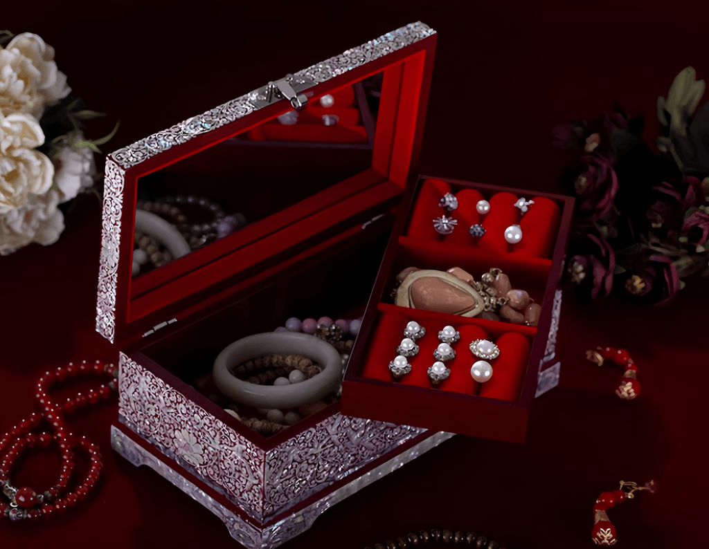 Handcrafted Solid Wood Vintage Mother of Pearl Jewelry Box