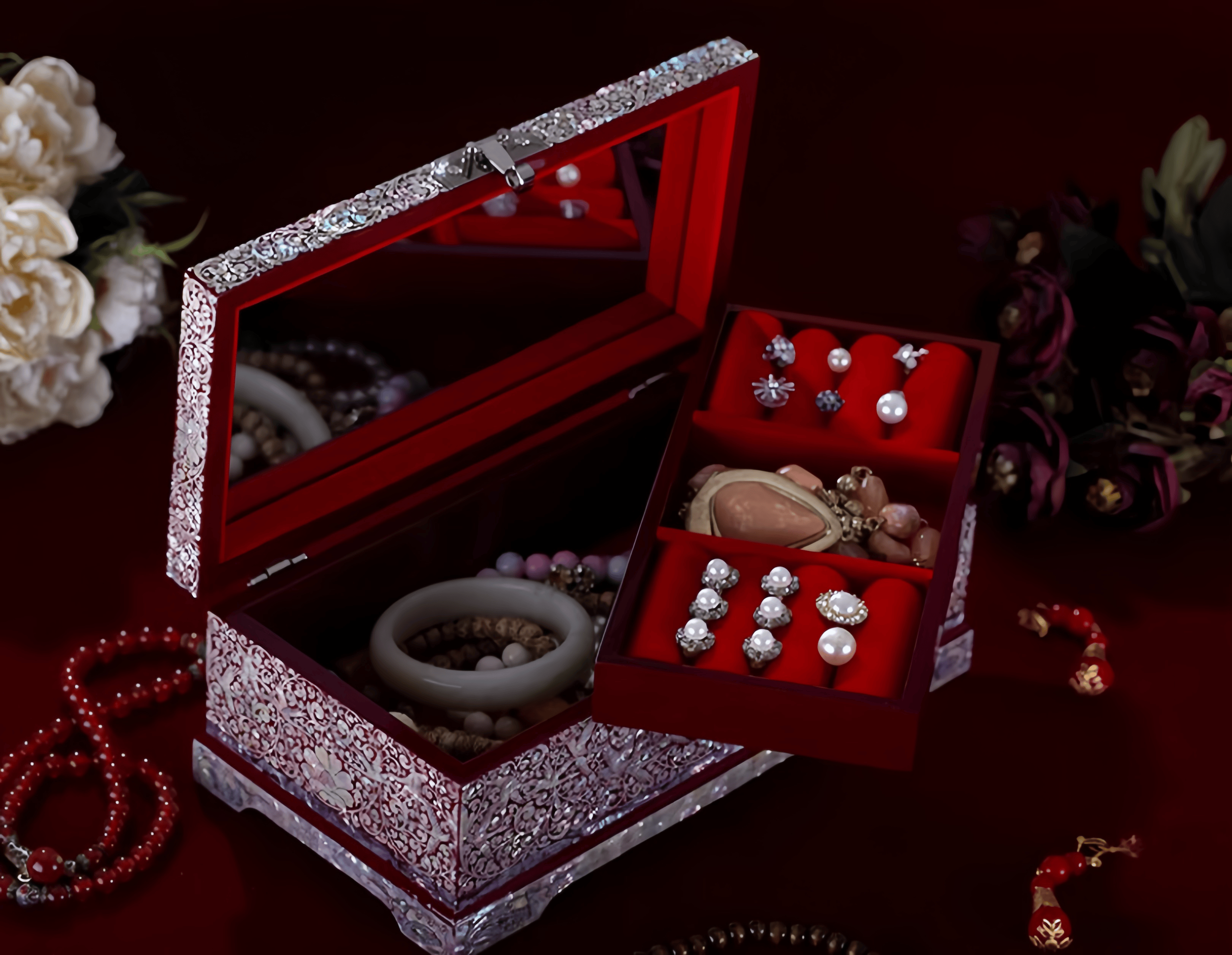 Handcrafted Solid Wood Vintage Mother of Pearl Jewelry Box