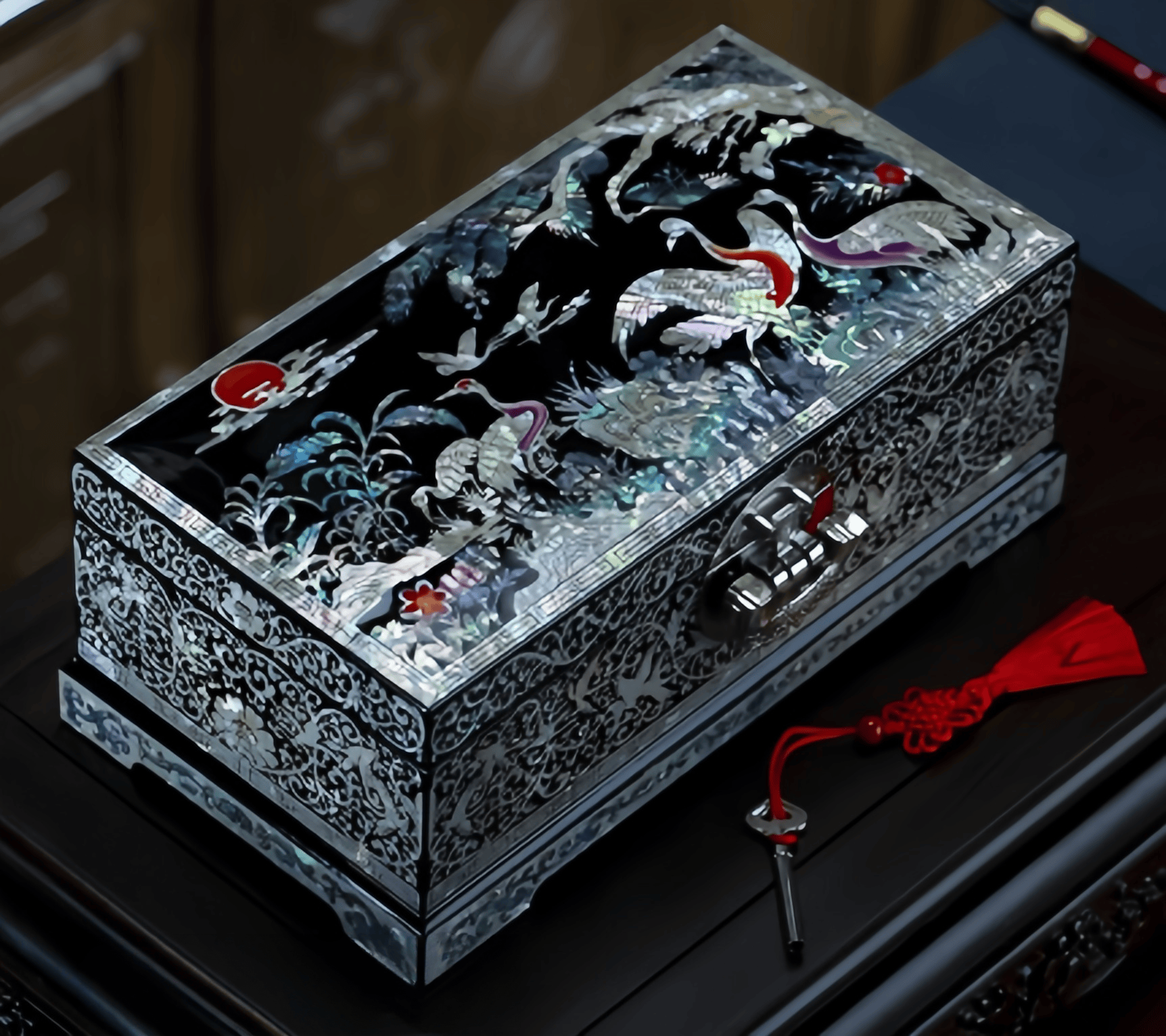 Handcrafted Solid Wood Vintage Mother of Pearl Jewelry Box