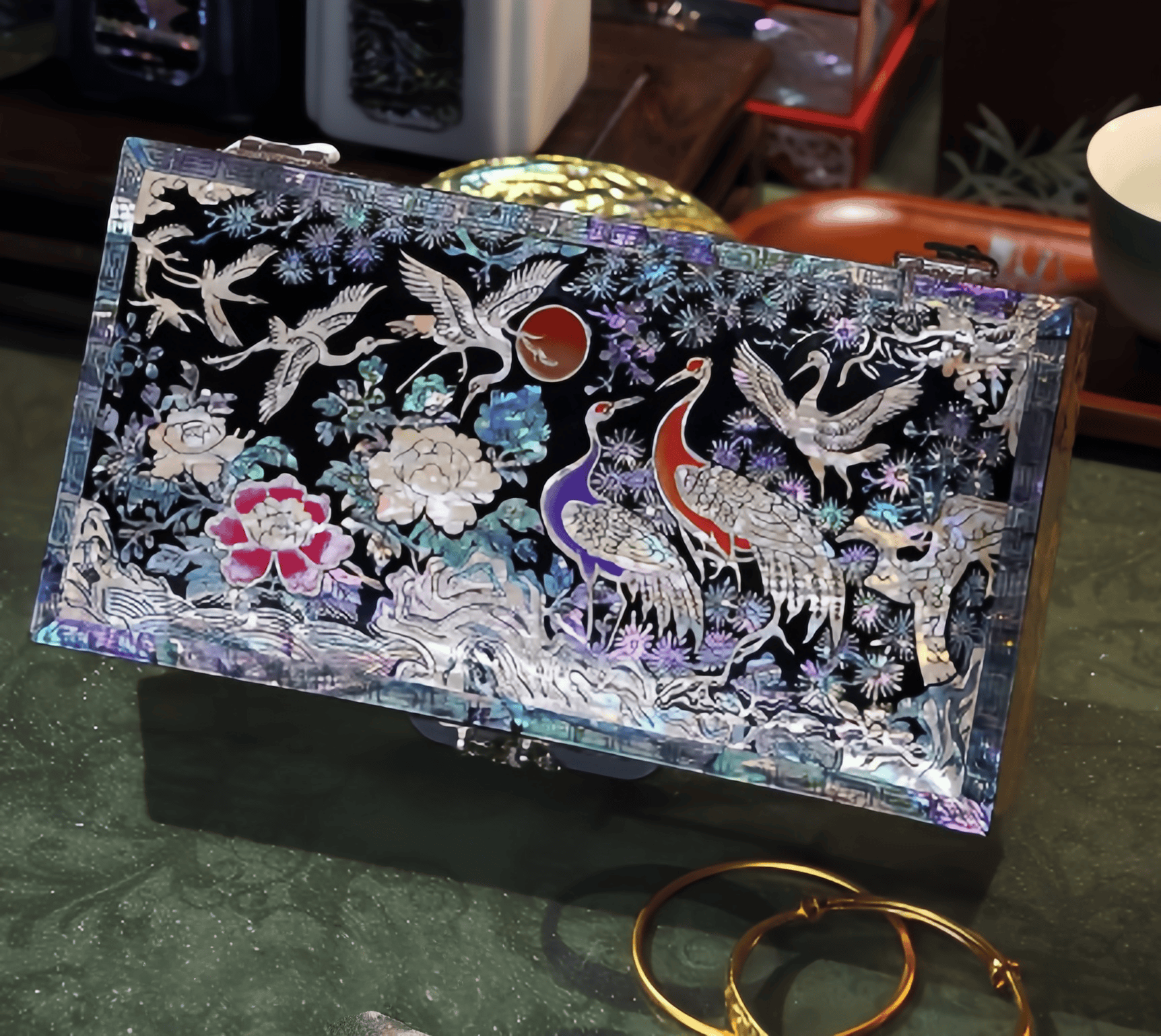 Handcrafted Solid Wood Vintage Mother of Pearl Jewelry Box