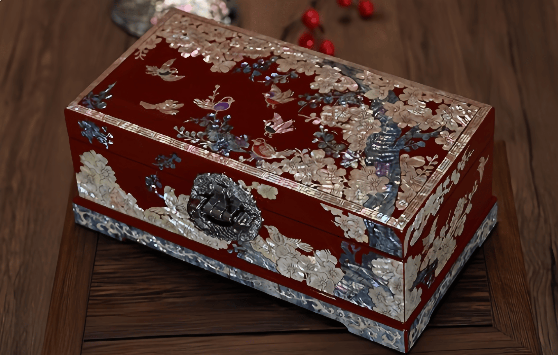 Handcrafted Solid Wood Vintage Mother of Pearl Jewelry Box