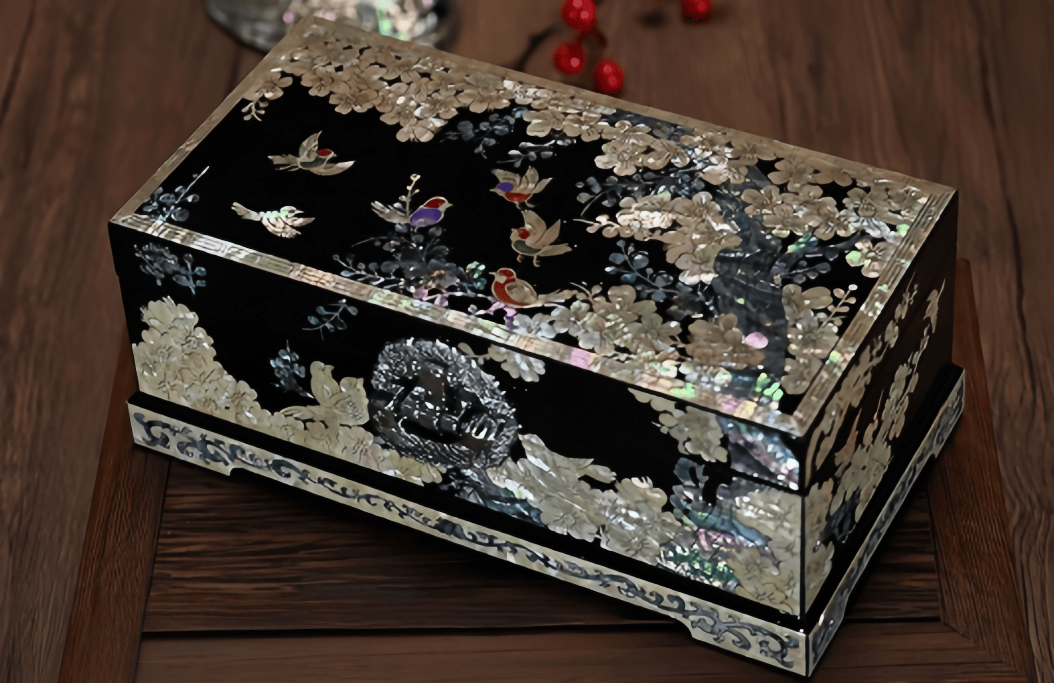 Handcrafted Solid Wood Vintage Mother of Pearl Jewelry Box