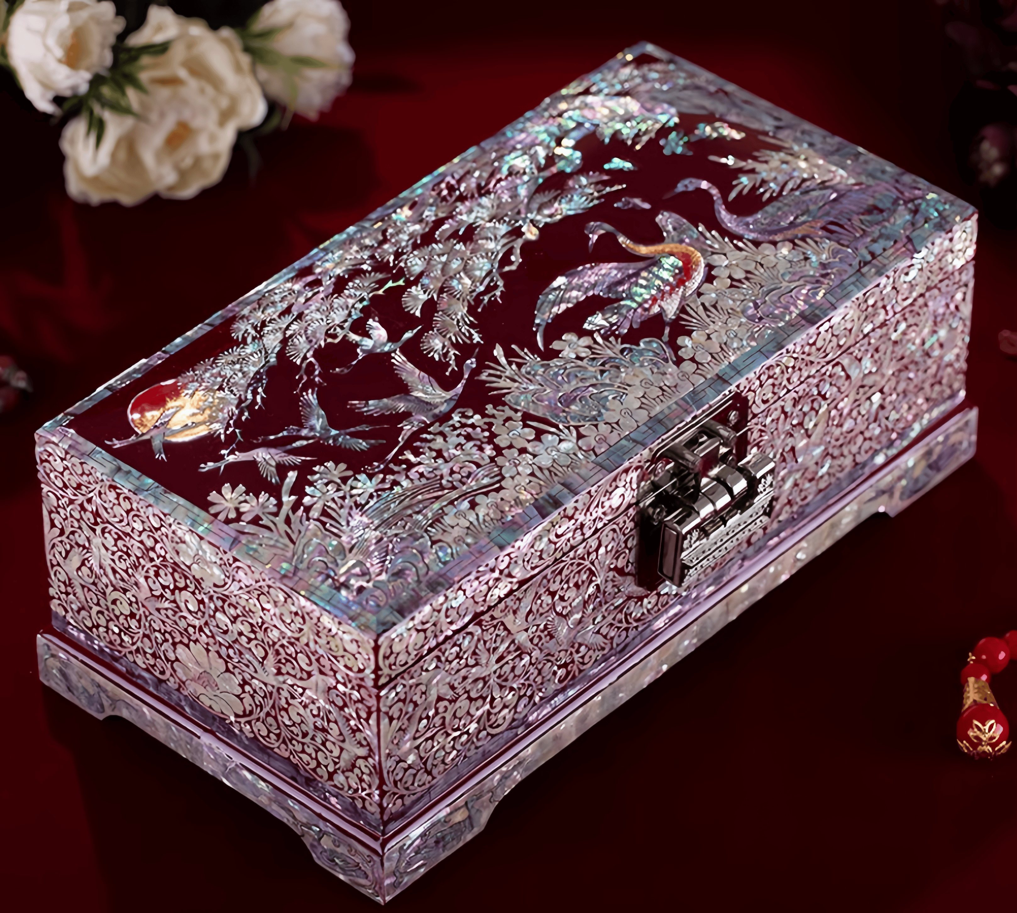 Handcrafted Solid Wood Vintage Mother of Pearl Jewelry Box