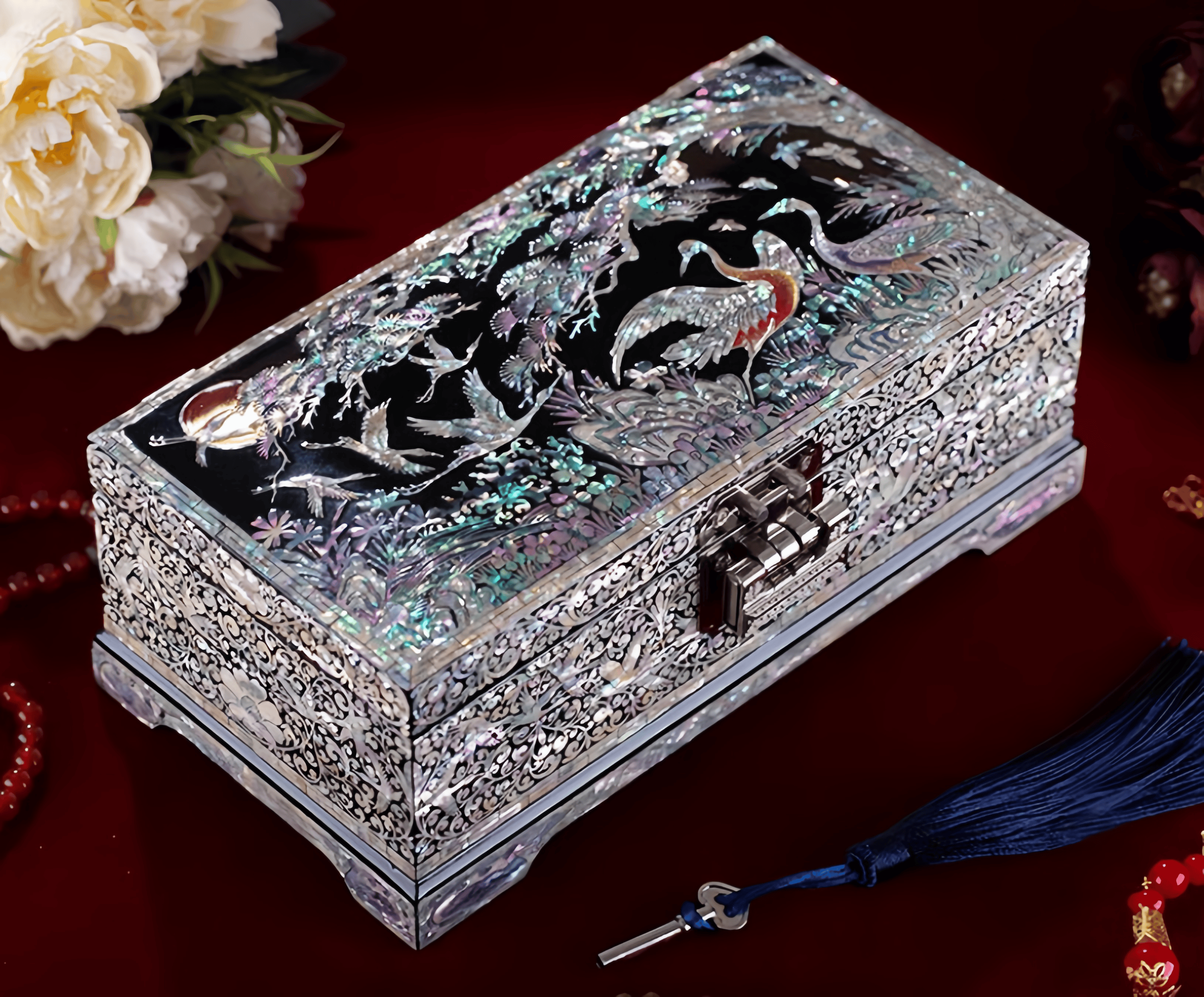 Handcrafted Solid Wood Vintage Mother of Pearl Jewelry Box