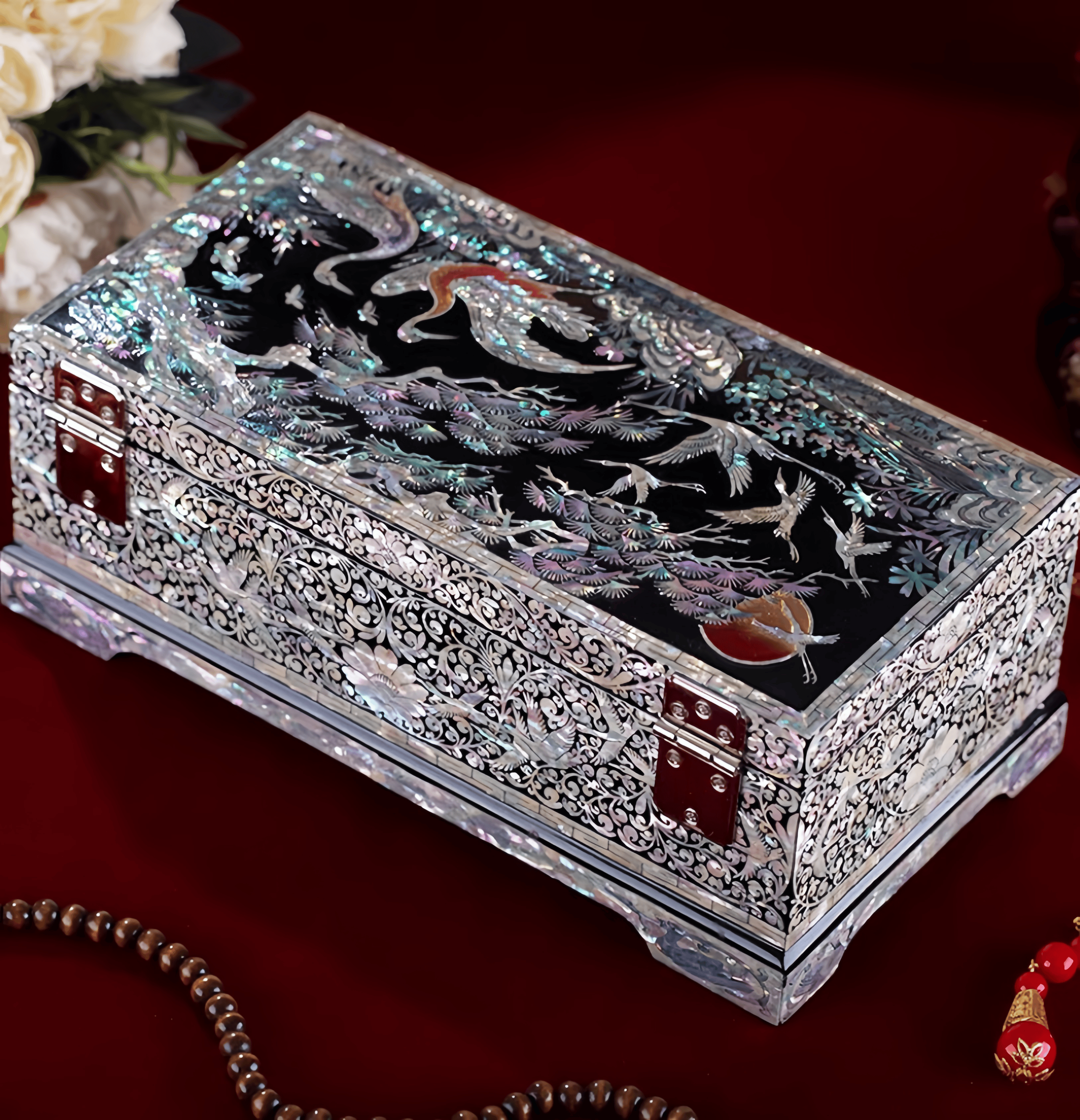 Handcrafted Solid Wood Vintage Mother of Pearl Jewelry Box