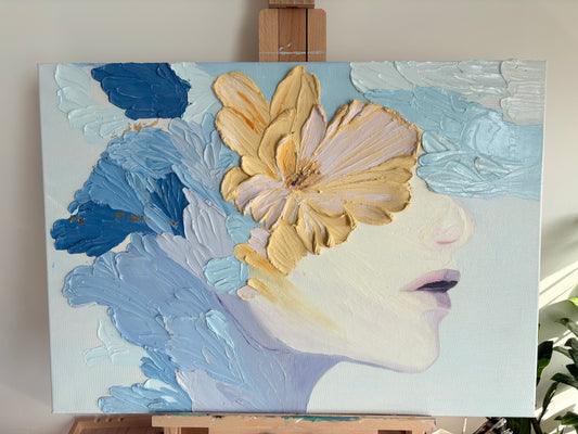One Of A Kind Original Oil painted | 3D Floral Portrait Impasto Painting 19.7 × 27.5 in