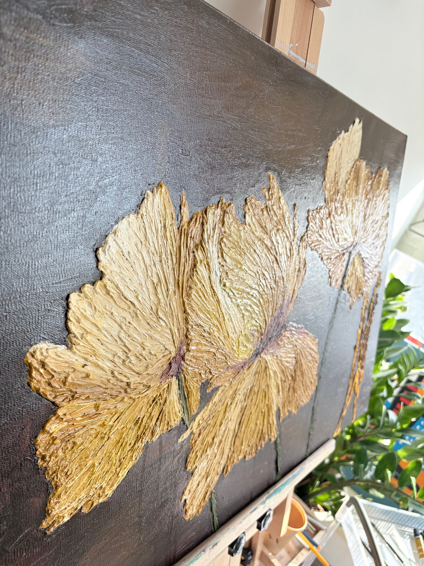 One Of A Kind 3D Floral Impasto Oil Painting | Textured Golden Flower Art Series 2