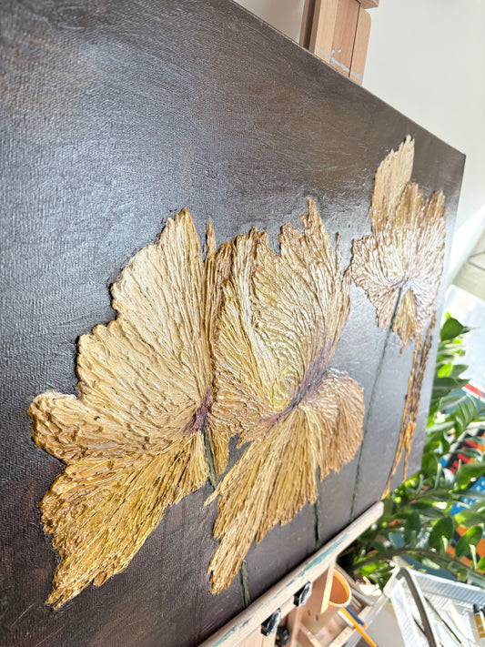One Of A Kind 3D Floral Impasto Oil Painting | Textured Golden Flower Art Series 2