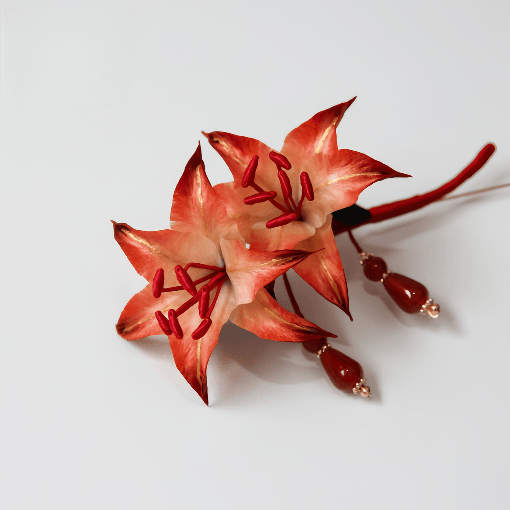 Handcrafted Heritage Silk Flower Red Lily Brooch