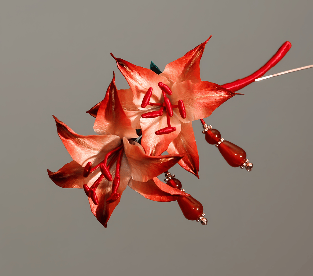 Handcrafted Heritage Silk Flower Red Lily Brooch