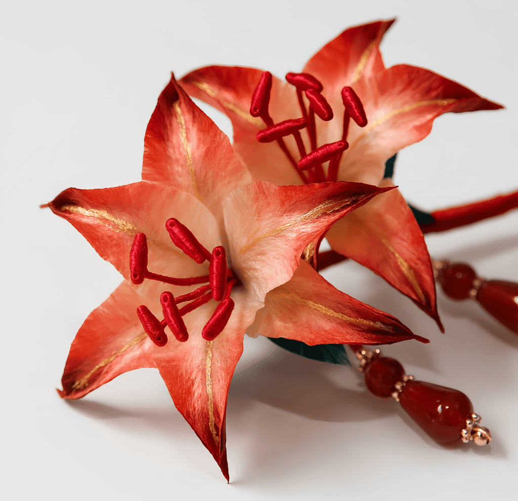 Handcrafted Heritage Silk Flower Red Lily Brooch