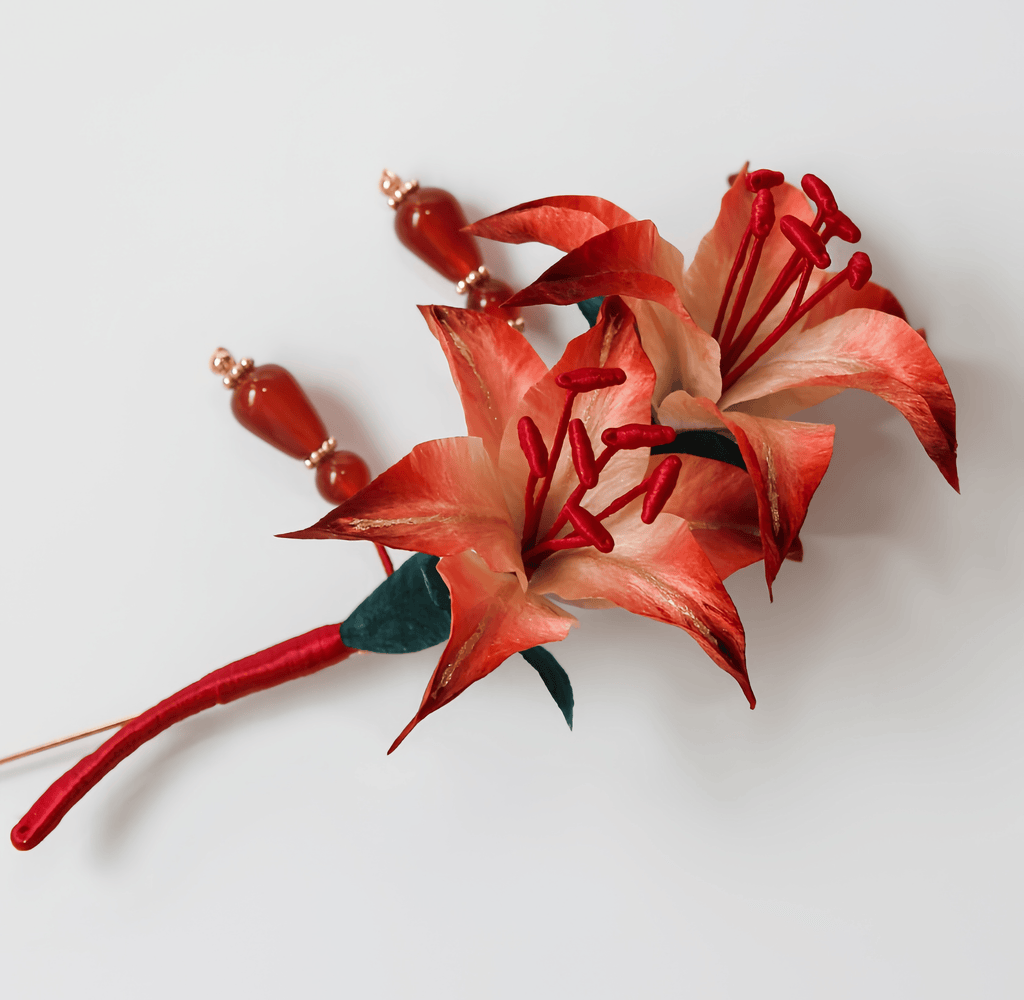 Handcrafted Heritage Silk Flower Red Lily Brooch