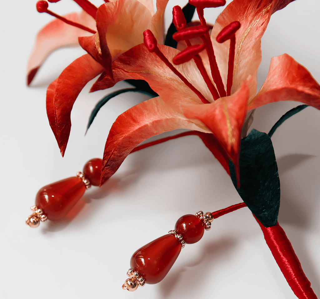 Handcrafted Heritage Silk Flower Red Lily Brooch