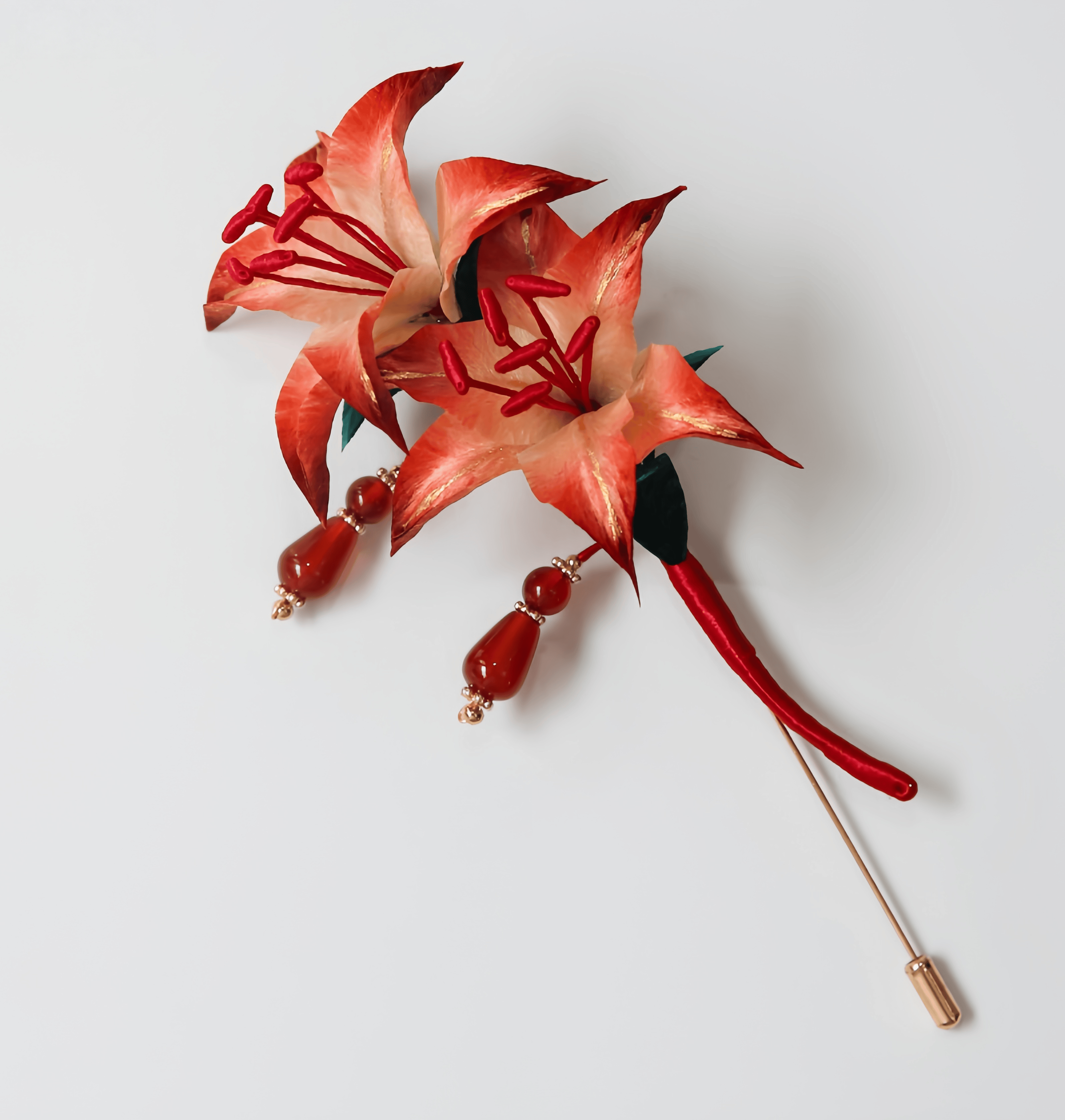 Handcrafted Heritage Silk Flower Red Lily Brooch