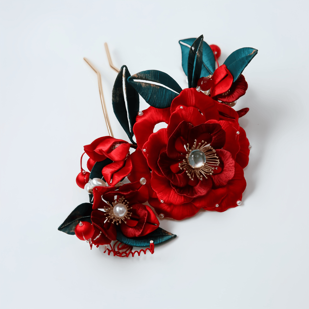 Handcrafted Heritage Silk Flower Red Peony U-Shaped Hairpin
