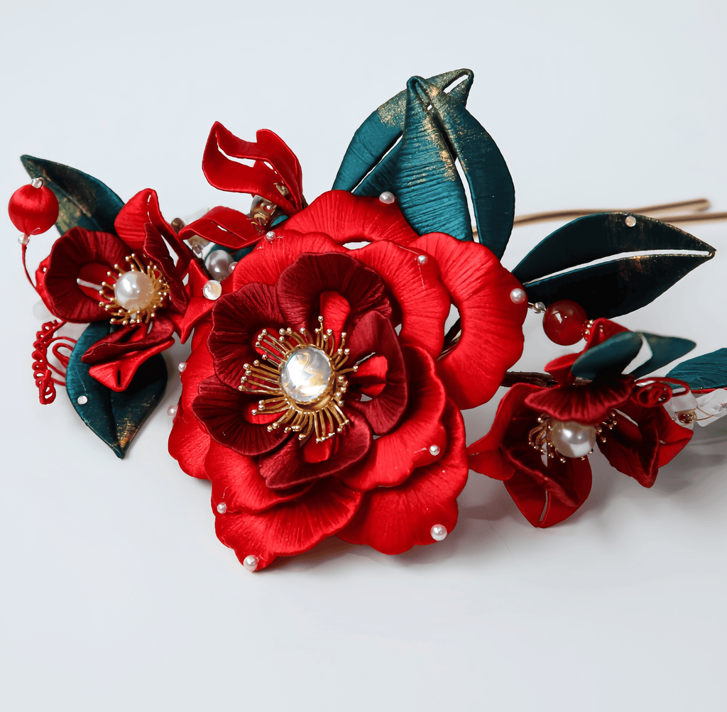 Handcrafted Heritage Silk Flower Red Peony U-Shaped Hairpin