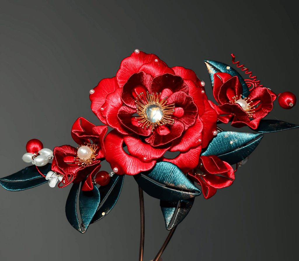 Handcrafted Heritage Silk Flower Red Peony U-Shaped Hairpin
