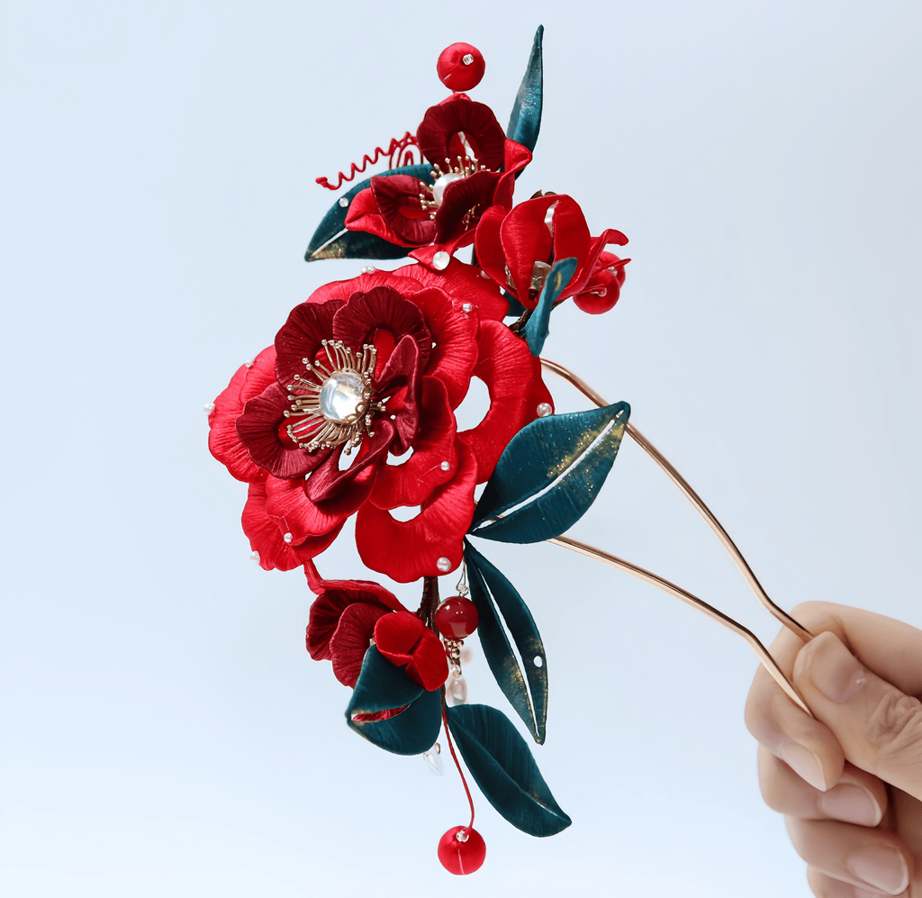 Handcrafted Heritage Silk Flower Red Peony U-Shaped Hairpin