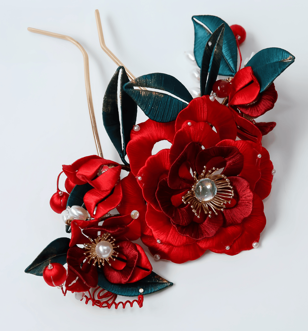 Handcrafted Heritage Silk Flower Red Peony U-Shaped Hairpin