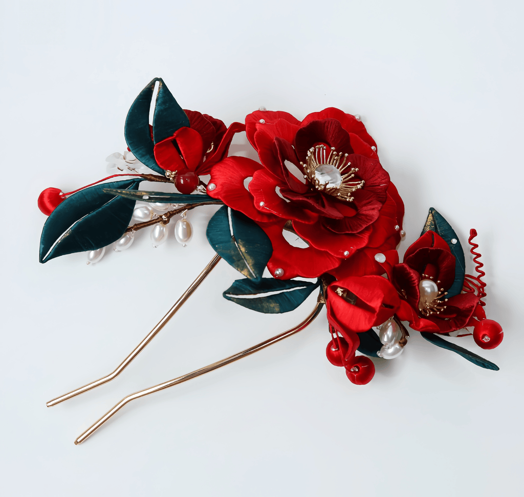 Handcrafted Heritage Silk Flower Red Peony U-Shaped Hairpin