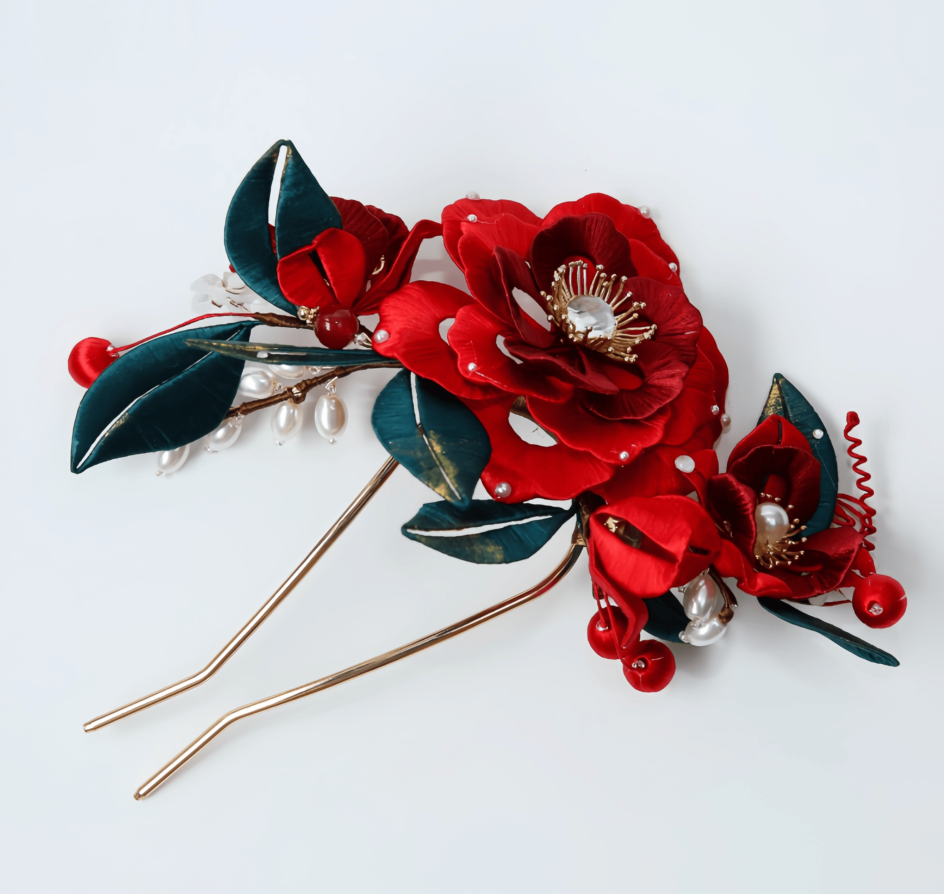 Handcrafted Heritage Silk Flower Red Peony U-Shaped Hairpin