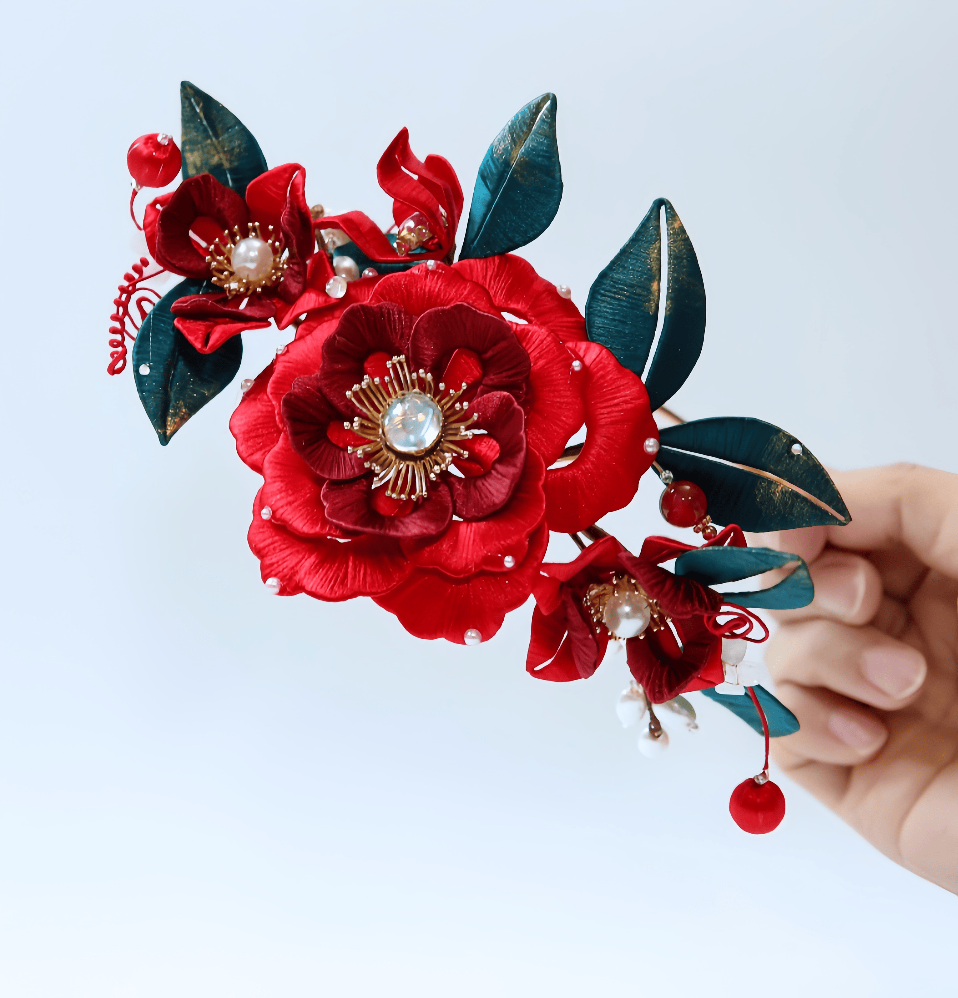 Handcrafted Heritage Silk Flower Red Peony U-Shaped Hairpin