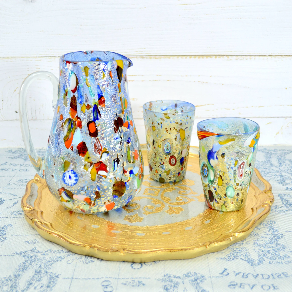 Alta Round Drink Pitcher in blue, Murano Glass with millefiori