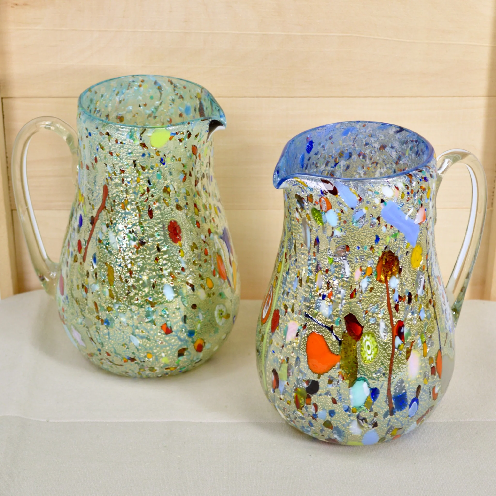 Alta Round Drink Pitcher in blue, Murano Glass with millefiori
