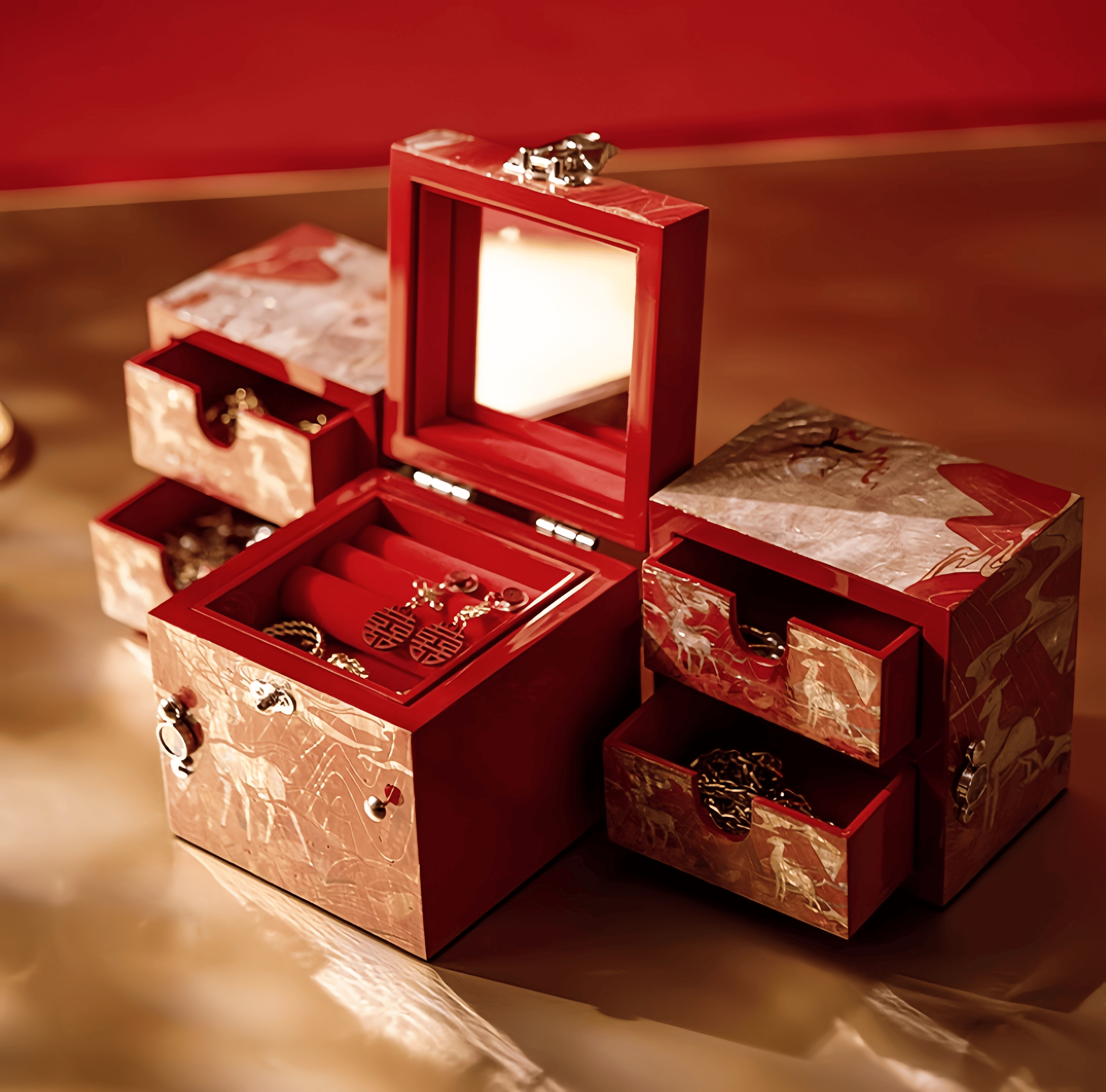 Handcrafted Mother of Pearl “Nine Colored Deer” Lacquer Jewelry Box