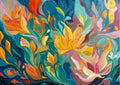 One Of A Kind Floral Abstract Oil Hand Painting | Warm Yellow & Teal Textured Artwork