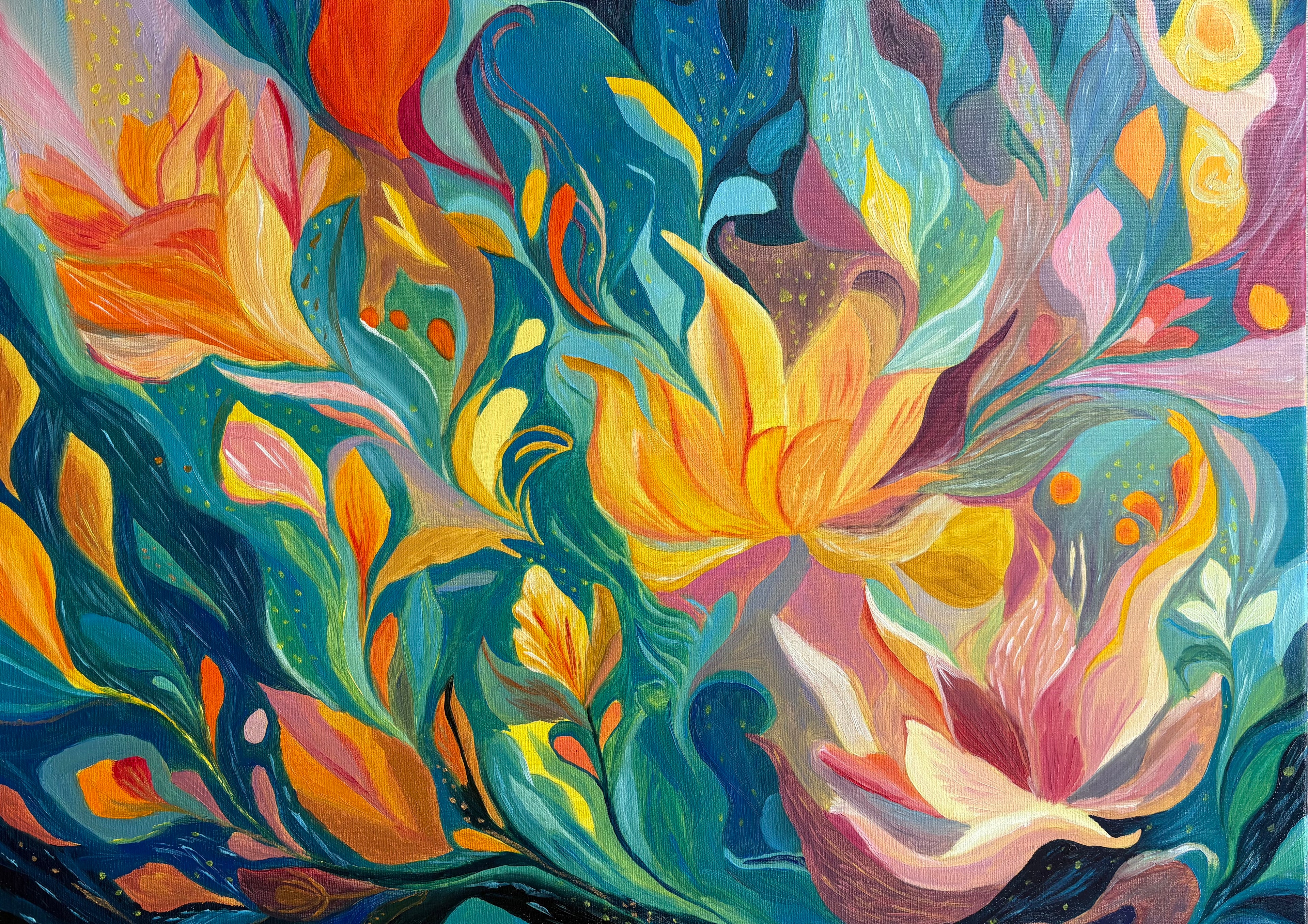 One Of A Kind Floral Abstract Oil Hand Painting | Warm Yellow & Teal Textured Artwork