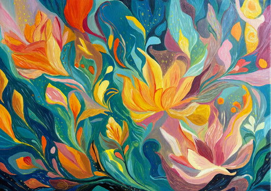 One Of A Kind Floral Abstract Oil Hand Painting | Warm Yellow & Teal Textured Artwork