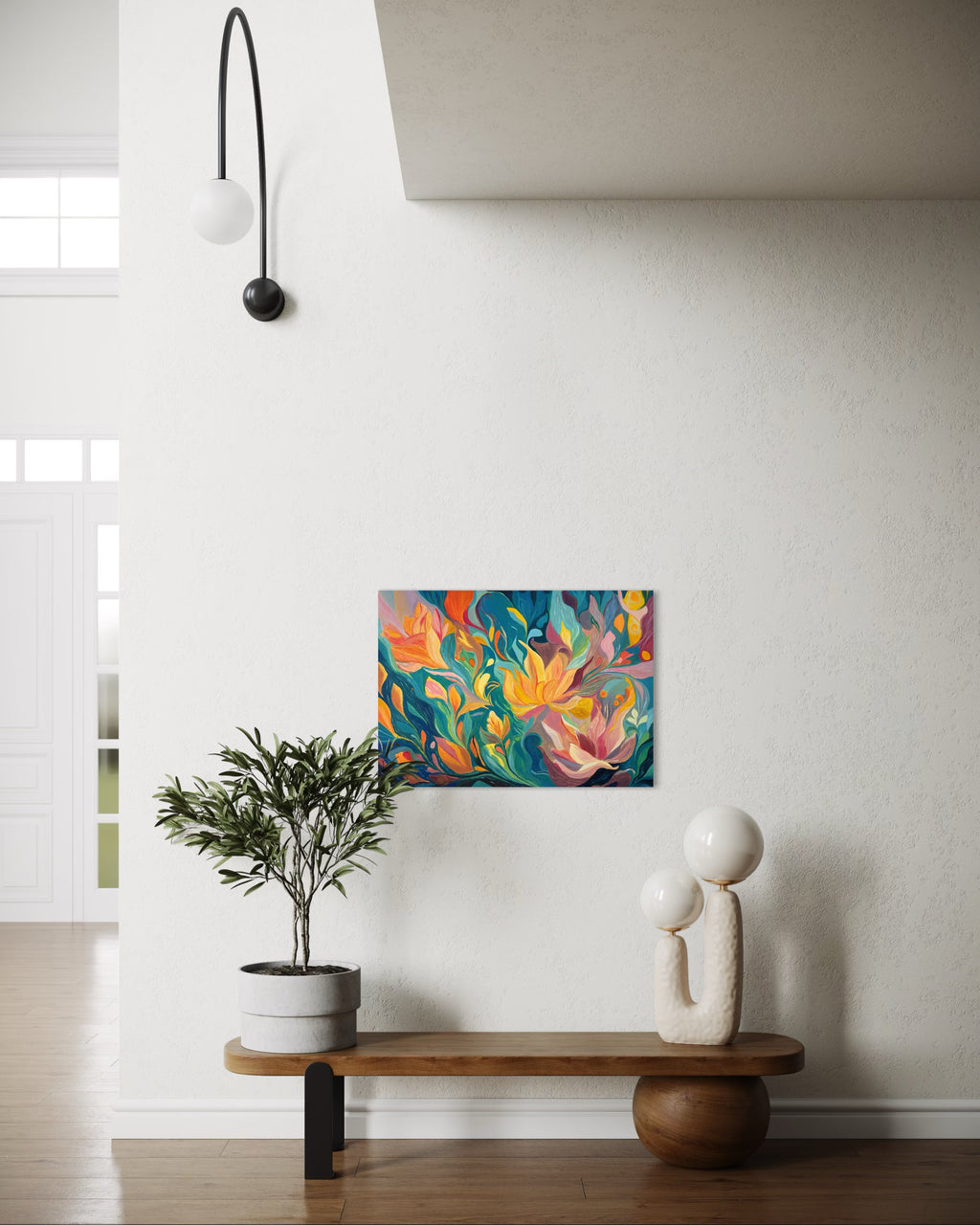 One Of A Kind Floral Abstract Oil Hand Painting | Warm Yellow & Teal Textured Artwork
